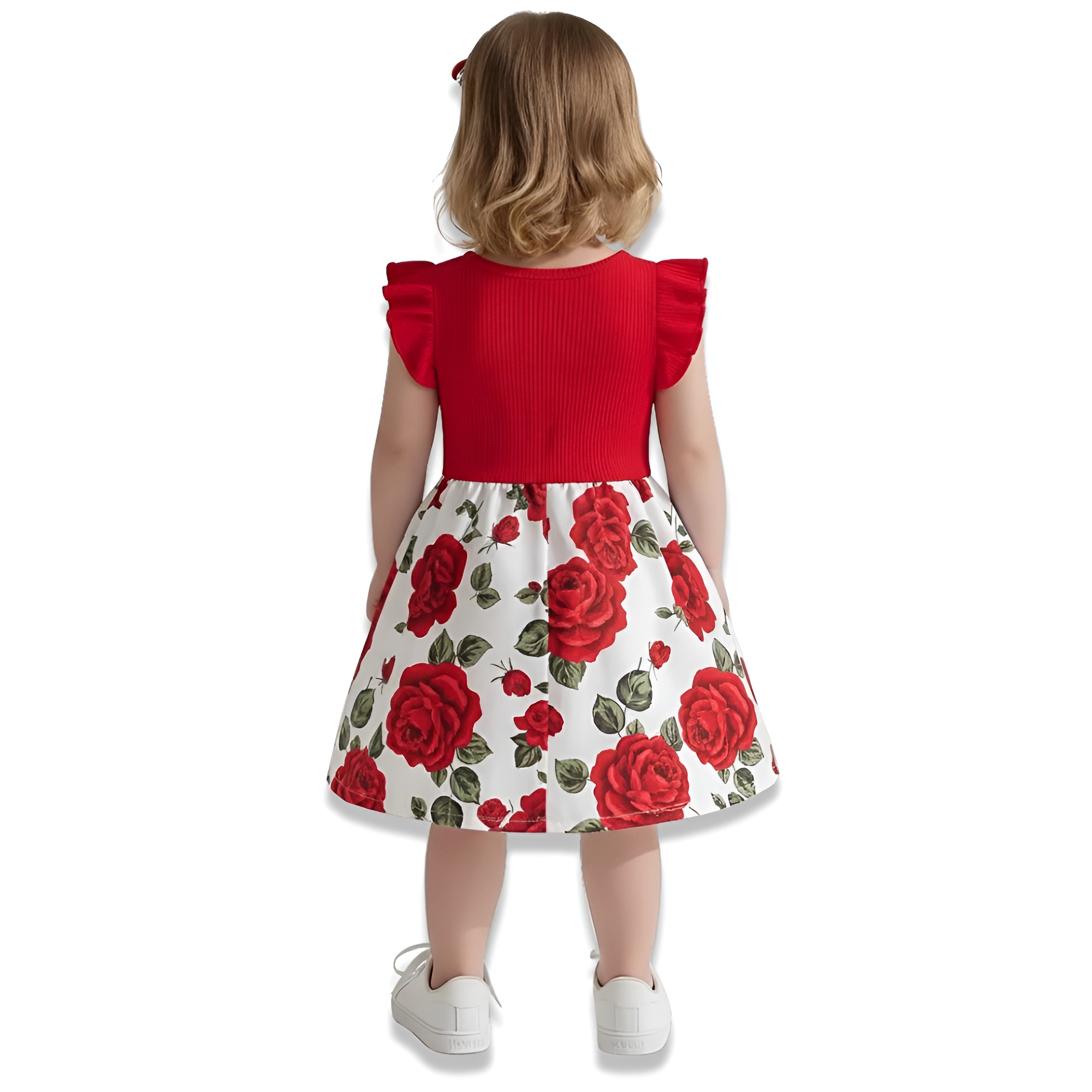 Summer Dress with Red Rose and Puff Sleeve Ruffled Hem