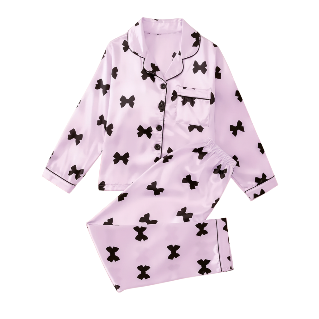 Long Sleeve Bowknot Print Pajama Set With Collar And Pants
