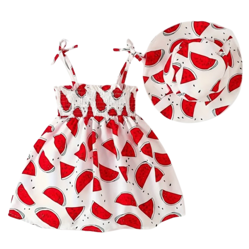 Fruit Pattern Print Sleeveless Camisole Dress And Hat For Baby Girl 