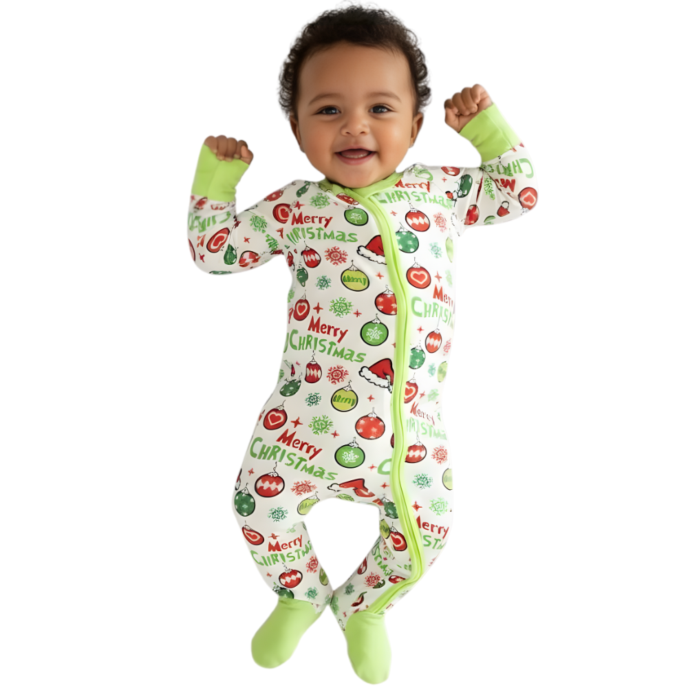 Long Sleeve Onesie With Balloon And Christmas Tree Print