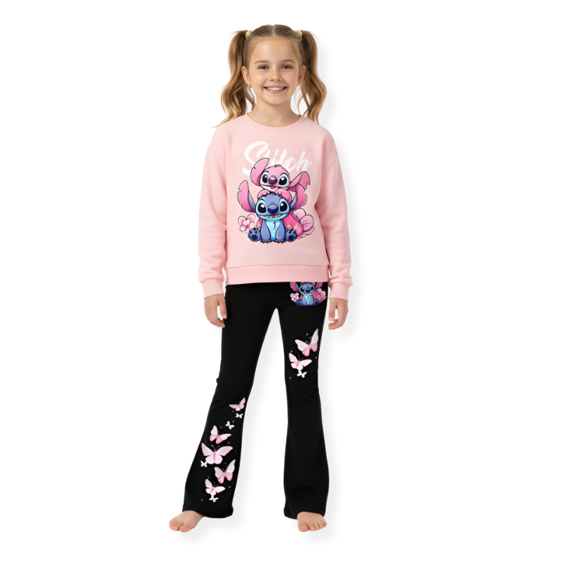 Stitch And Angel Girl Sweatshirt And Flare Pants 2 Piece Set
