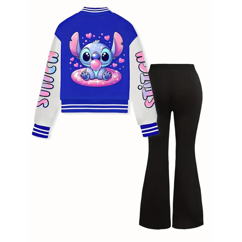 Stitch Print Girls Baseball Uniform And Trousers 2 Piece Set