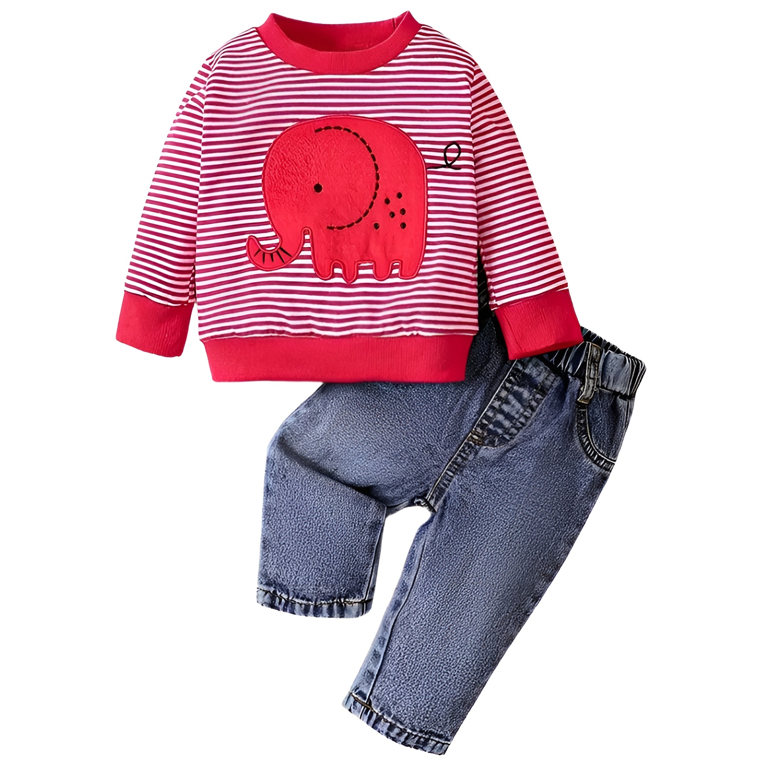 2pcs Boy Striped Elephant Pattern Long Sleeve Top and Denim Trousers
