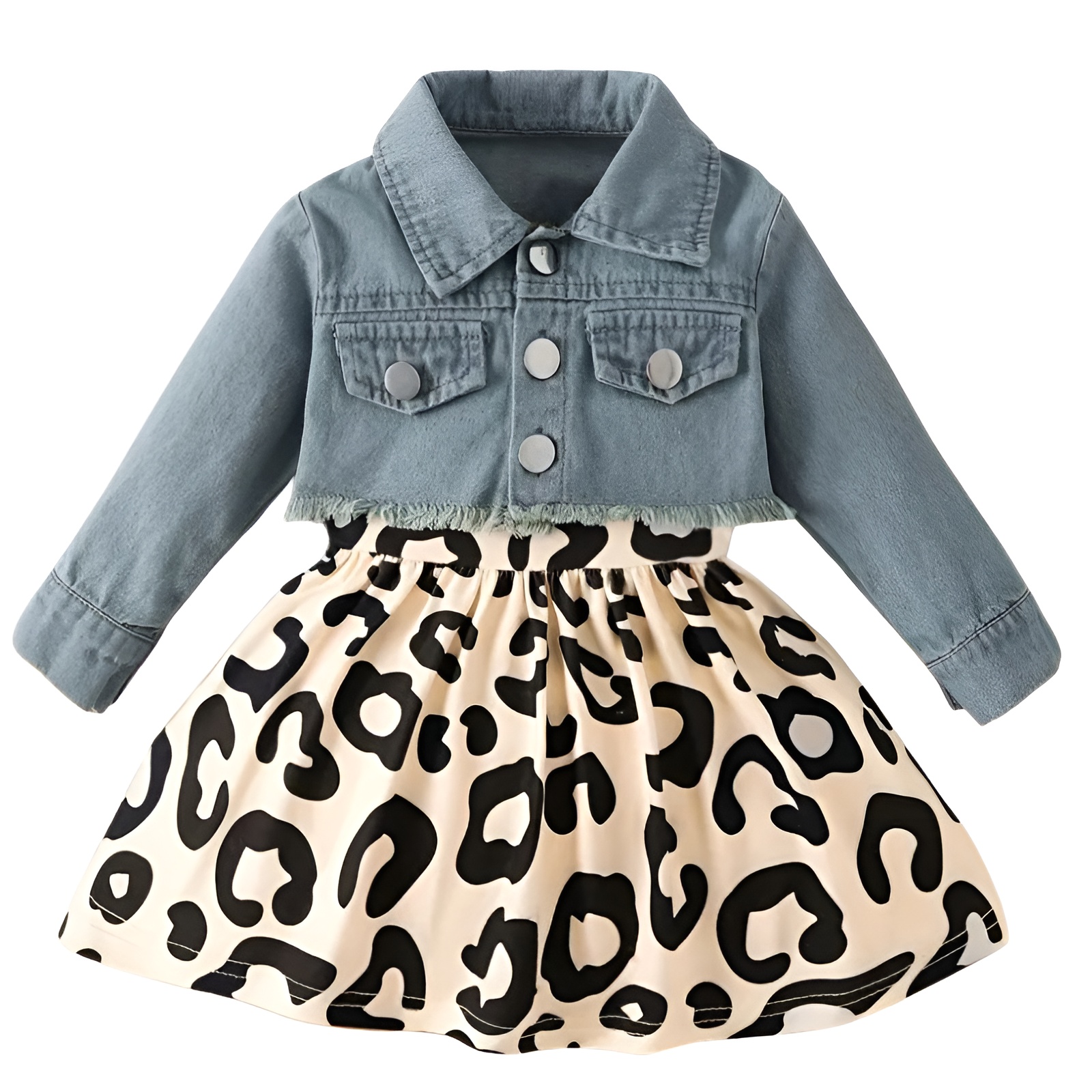 Girl Cartoon Print Vest Dress with and Short Denim Top Two Piece Set