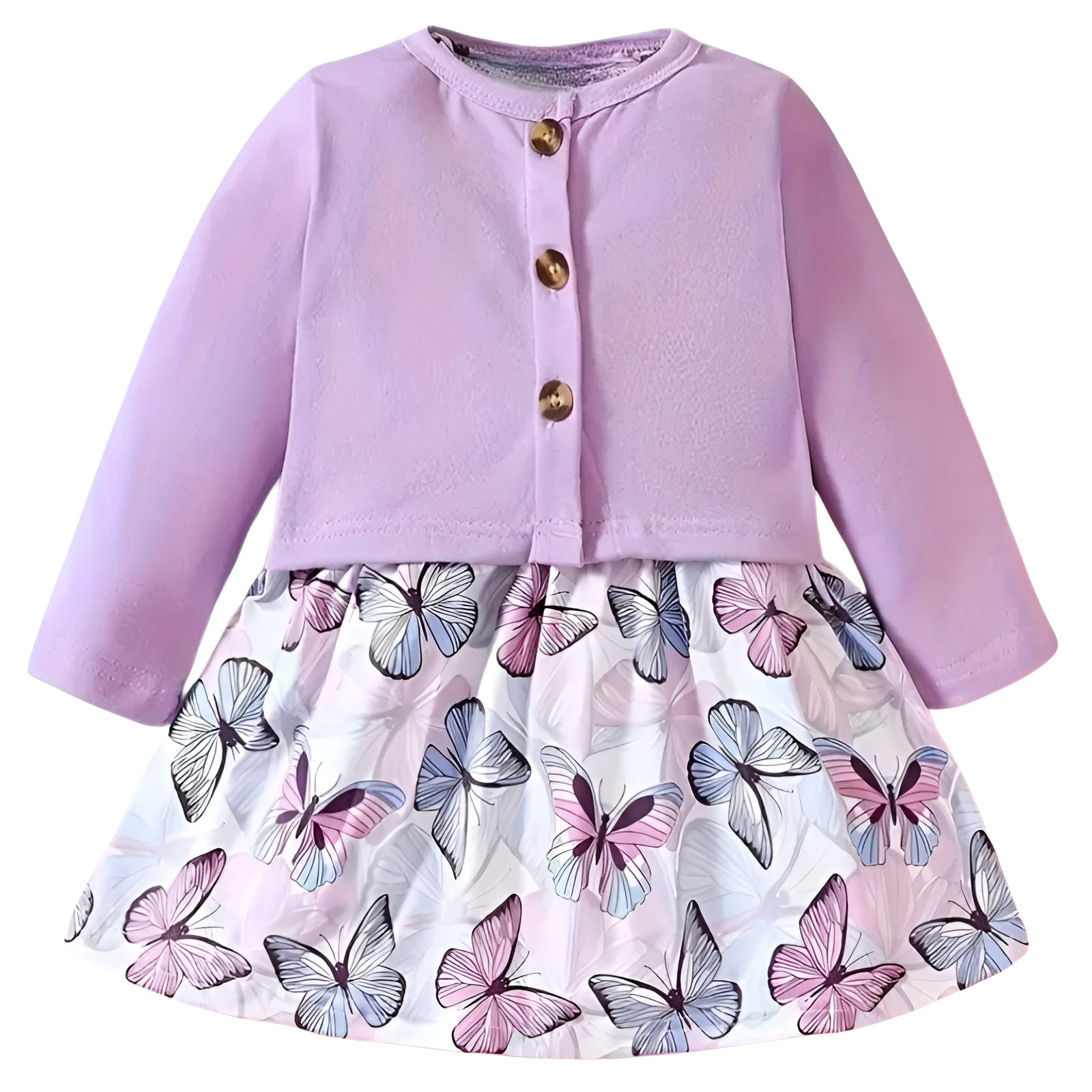 Girl Long Sleeve Top and Sleeveless Butterfly Print Vest Dress Two Piece Set