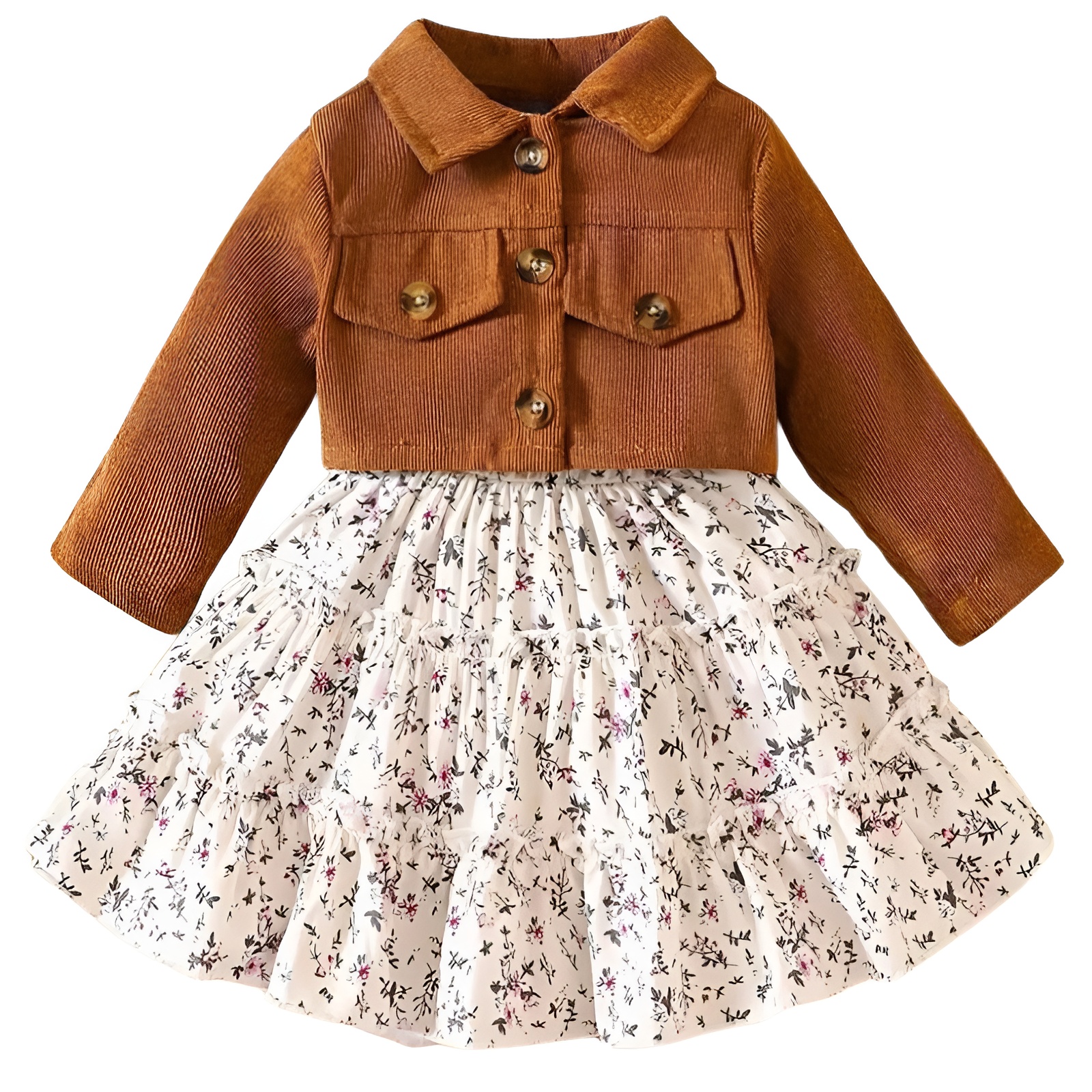 Girls Floral Print Sundress with Turn Collar and Long Sleeve Coat Two Piece Set