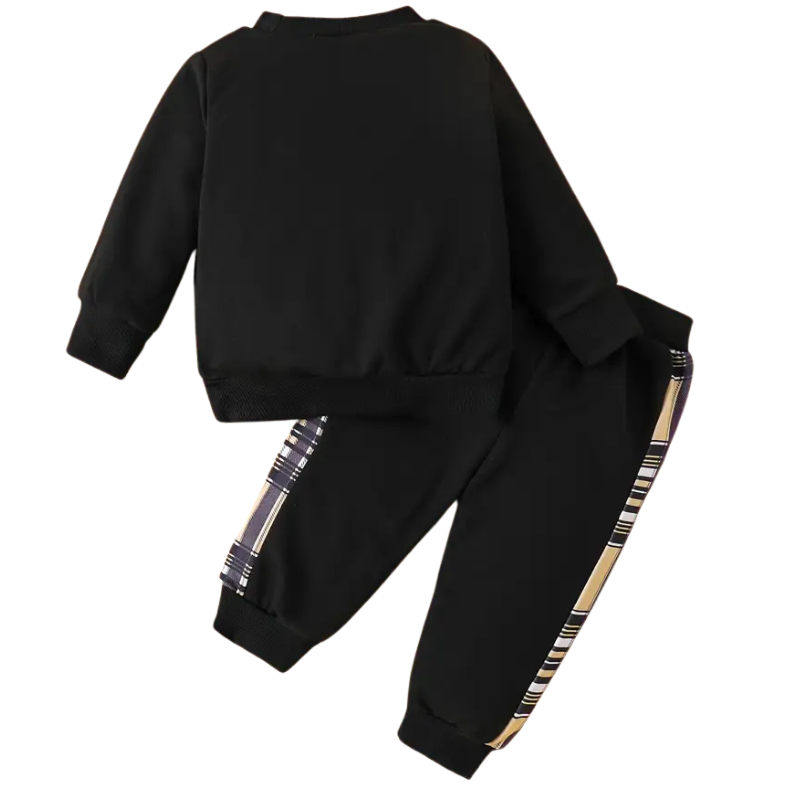 Boys Cartoon Print Long Sleeve Top and Checkered Pants Two Piece Set