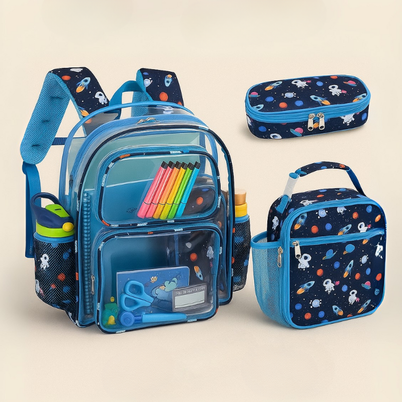 Kids Clear Backpack Lunch Bag and Pencil Case Set