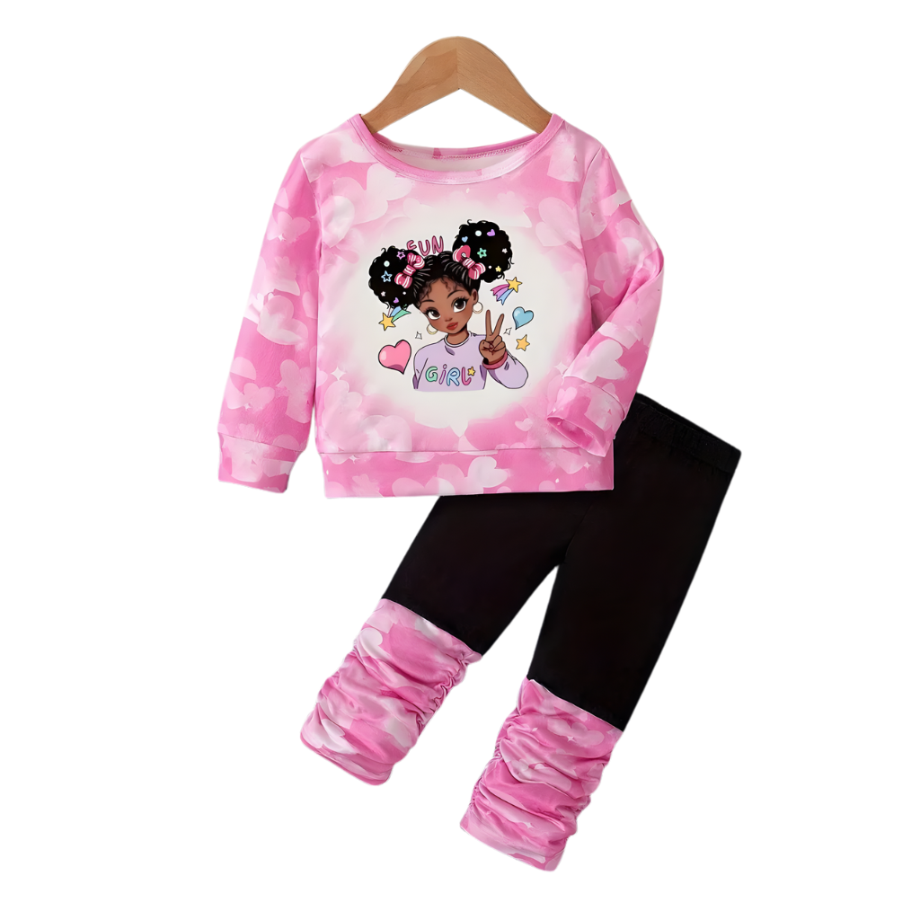 Cartoon Face Print Round Neck Long Sleeve Top With Ruffled Patchwork Pants