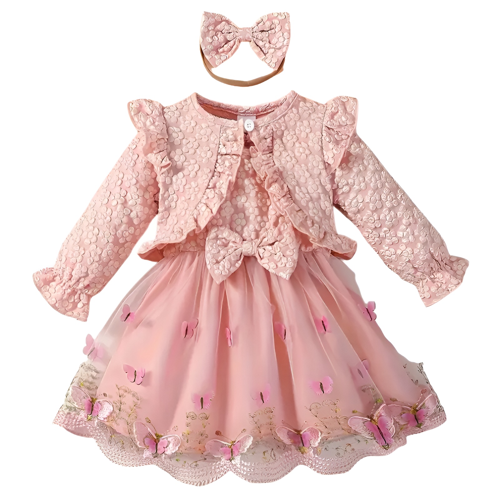 Girl Floral Print Long Sleeve Top with Butterfly Mesh Patchwork Vest Skirt Set for Three Piece