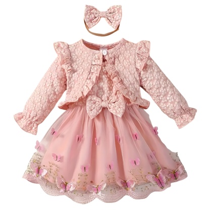 Girl Floral Print Long Sleeve Top with Butterfly Mesh Patchwork Vest Skirt Set for Three Piece