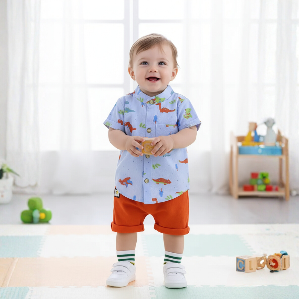 Colorful Dinosaur Print Shirt And Shorts 