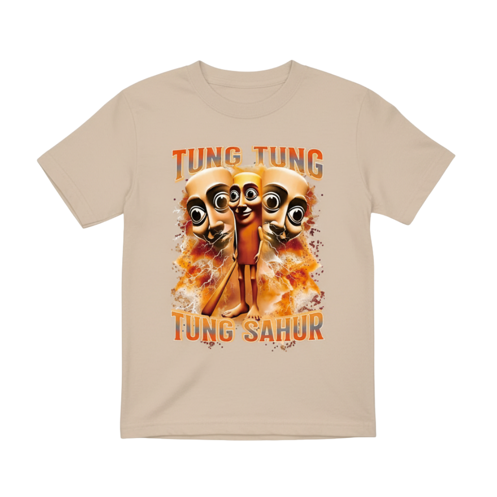 Cartoon Print With Wooden Stick Figure Design Round Neck T Shirt