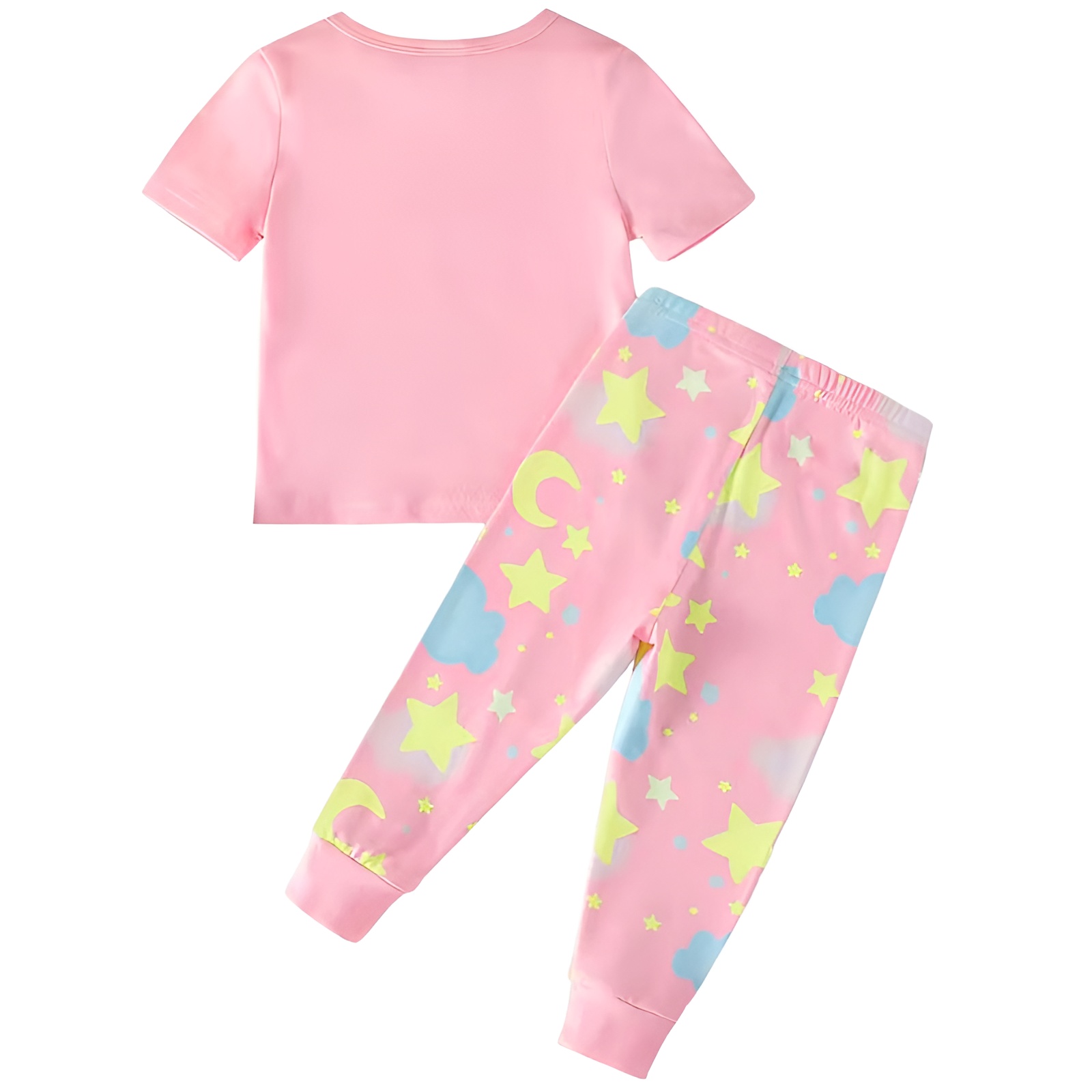 2 Pieces Bear Moon Cloud Element Print Short Sleeve Tshirt and Pants Set for Girls