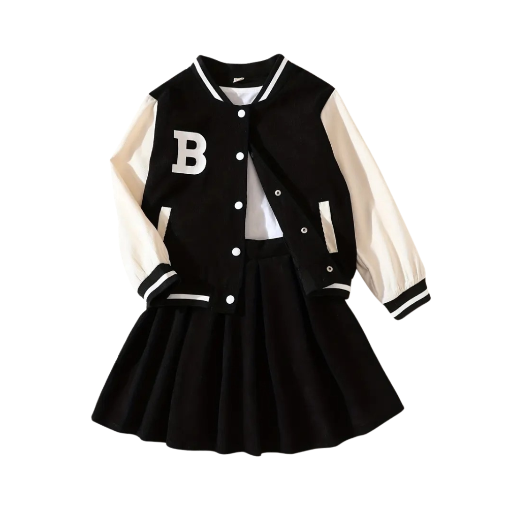 Two Piece Girls Preppy Outfit With Baseball Jacket And Pleated Skirt