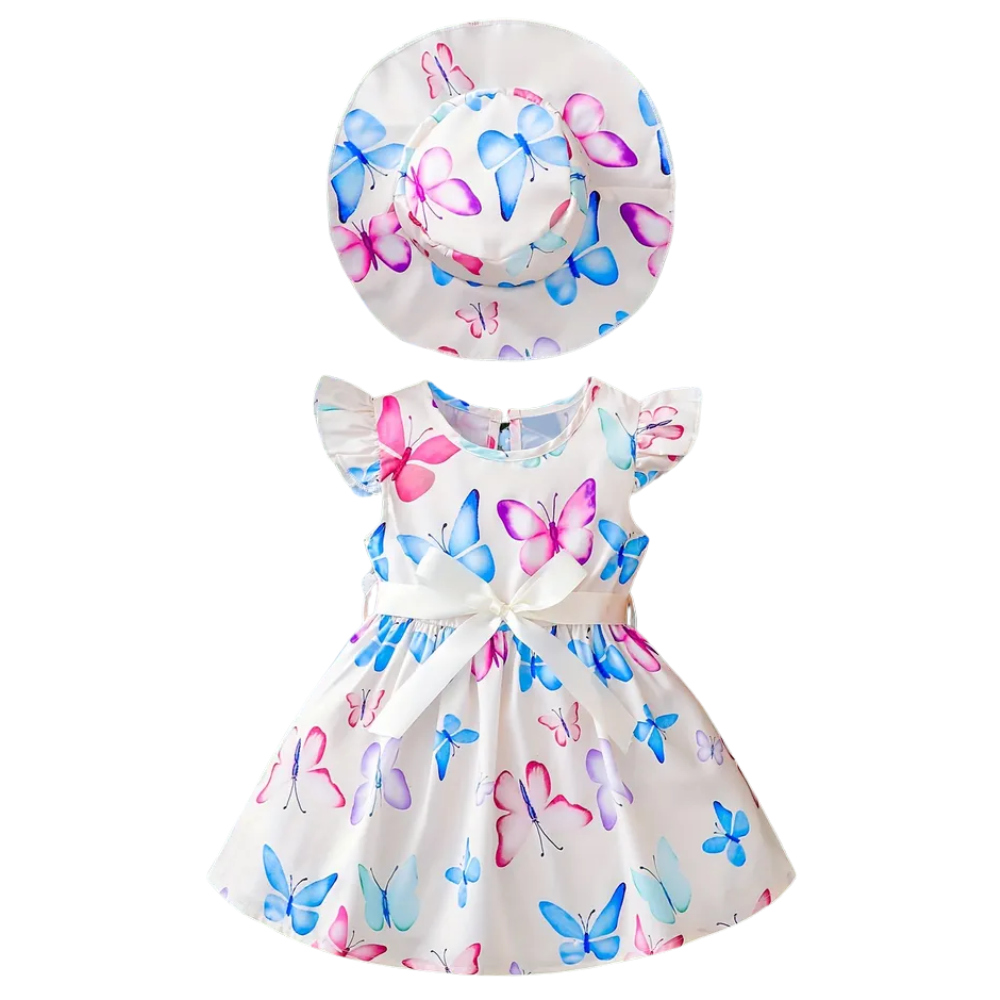 Butterfly Printed Dress And Matching Hat Set For Girls 