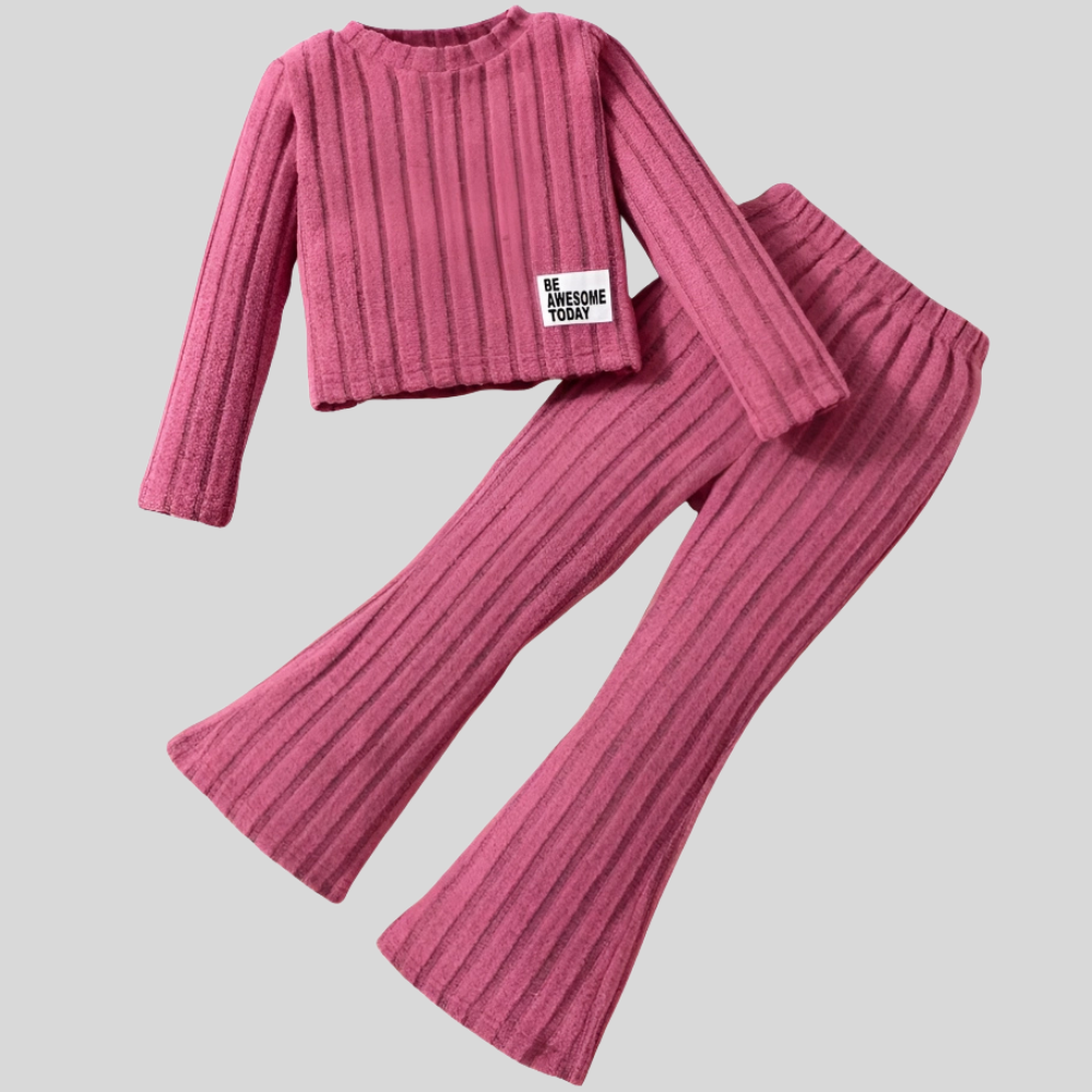 Long Sleeve Ribbed Pullover Top With Flare Pants Set For Girls