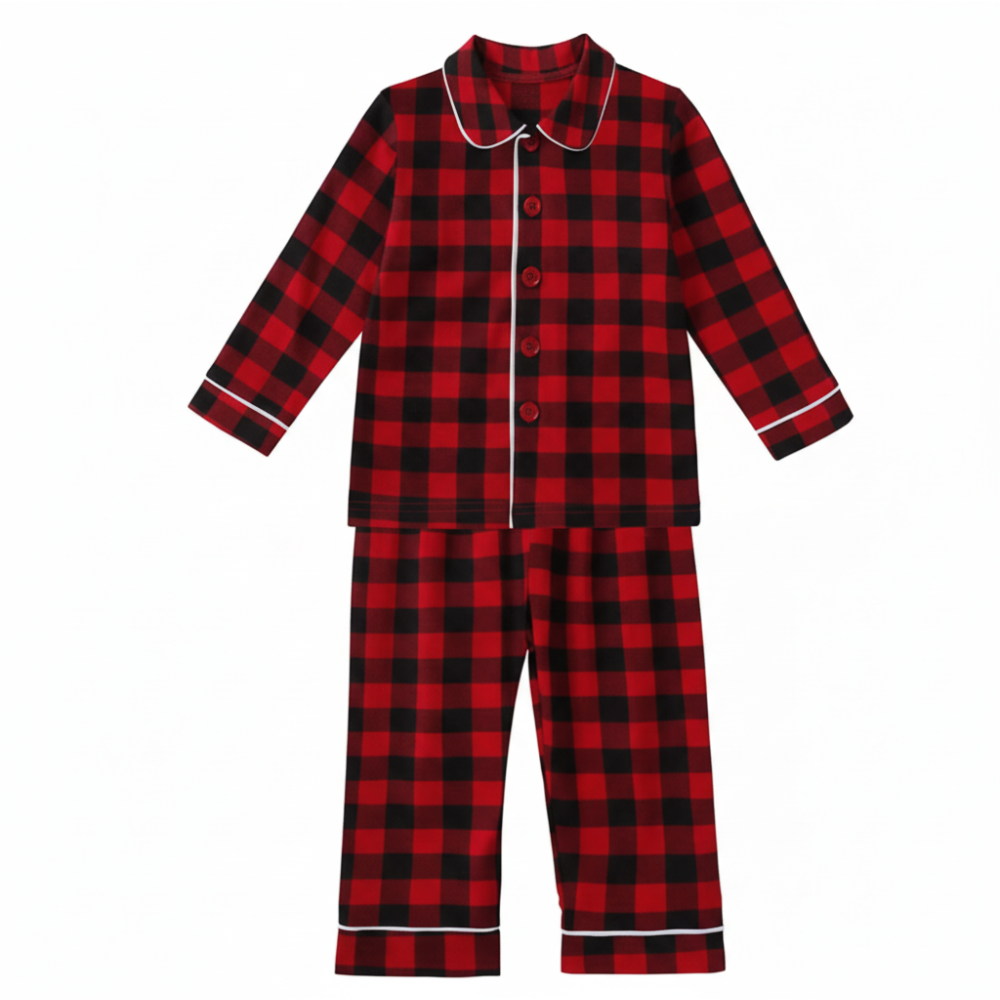  Christmas Plaid Long Sleeve Cotton Pajama Set For Kids