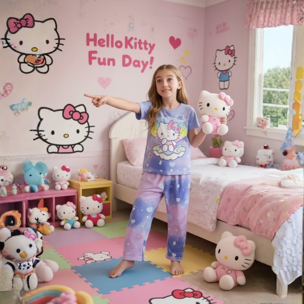 Retardant Night Light Cartoon Print Pajama Set For Girls