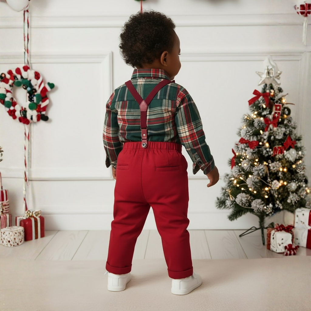 Two Piece Set With Plaid Shirt And Long Pants For Boys