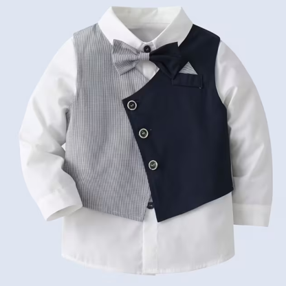 Four Piece Outfit Set With Long Sleeve Shirt with Bow Tie Vest And Pants