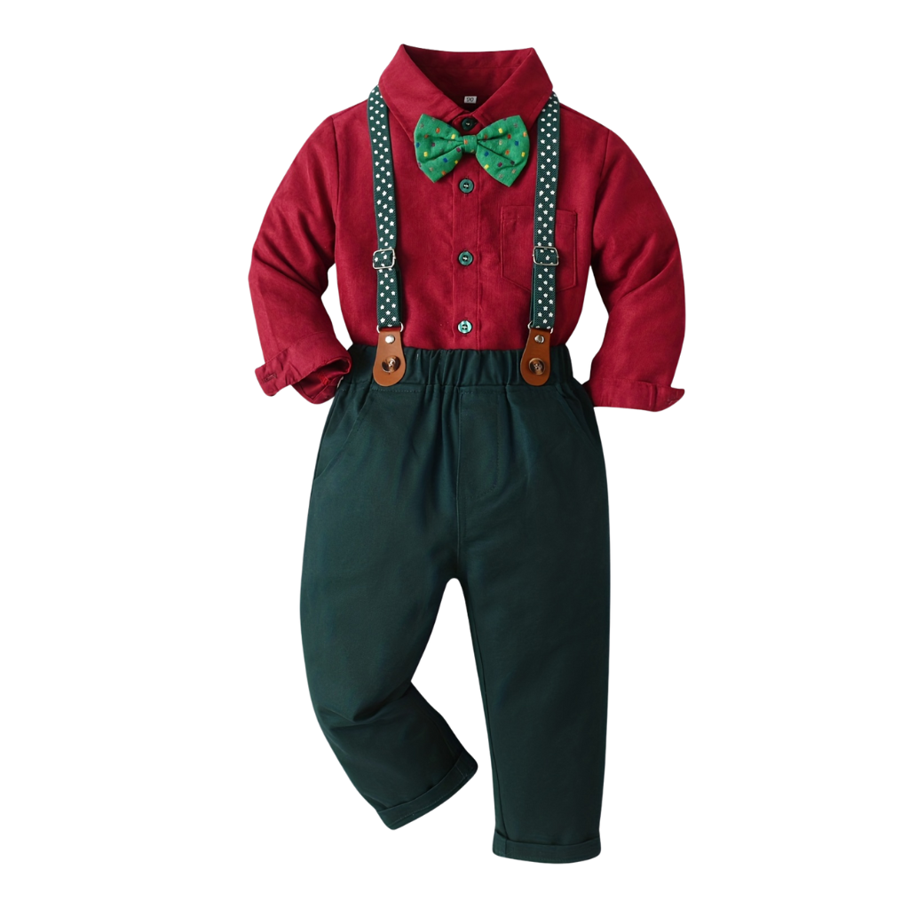 Two Piece Set With Long Sleeve Front Button Shirt Bow Tie And Pants For Boy