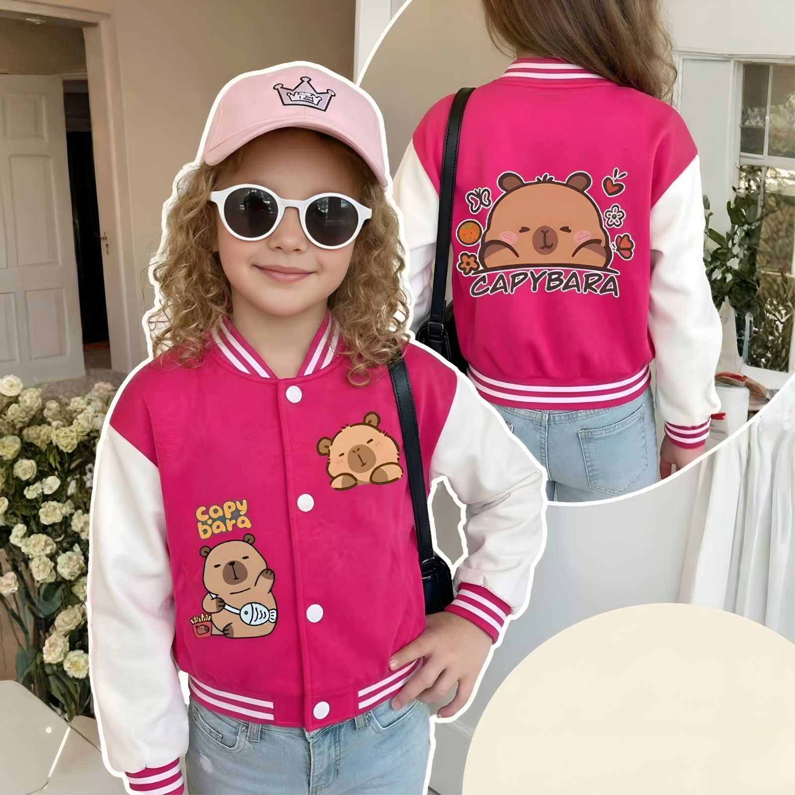 Capybara Graphic Print Baseball Jacket With Snap Closure For Girls
