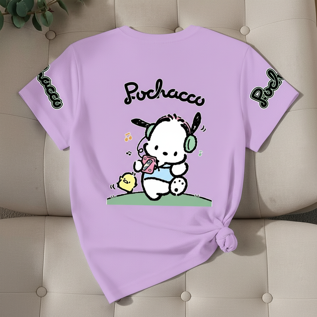 Mesh Short Sleeve T Shirt With Double Sided Pochacco Print For Girls