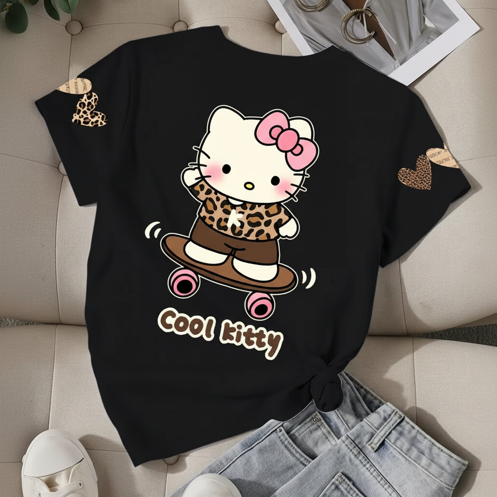 Short Sleeve T Shirt With Double Sided Leopard Print Hello Kitty For Girls