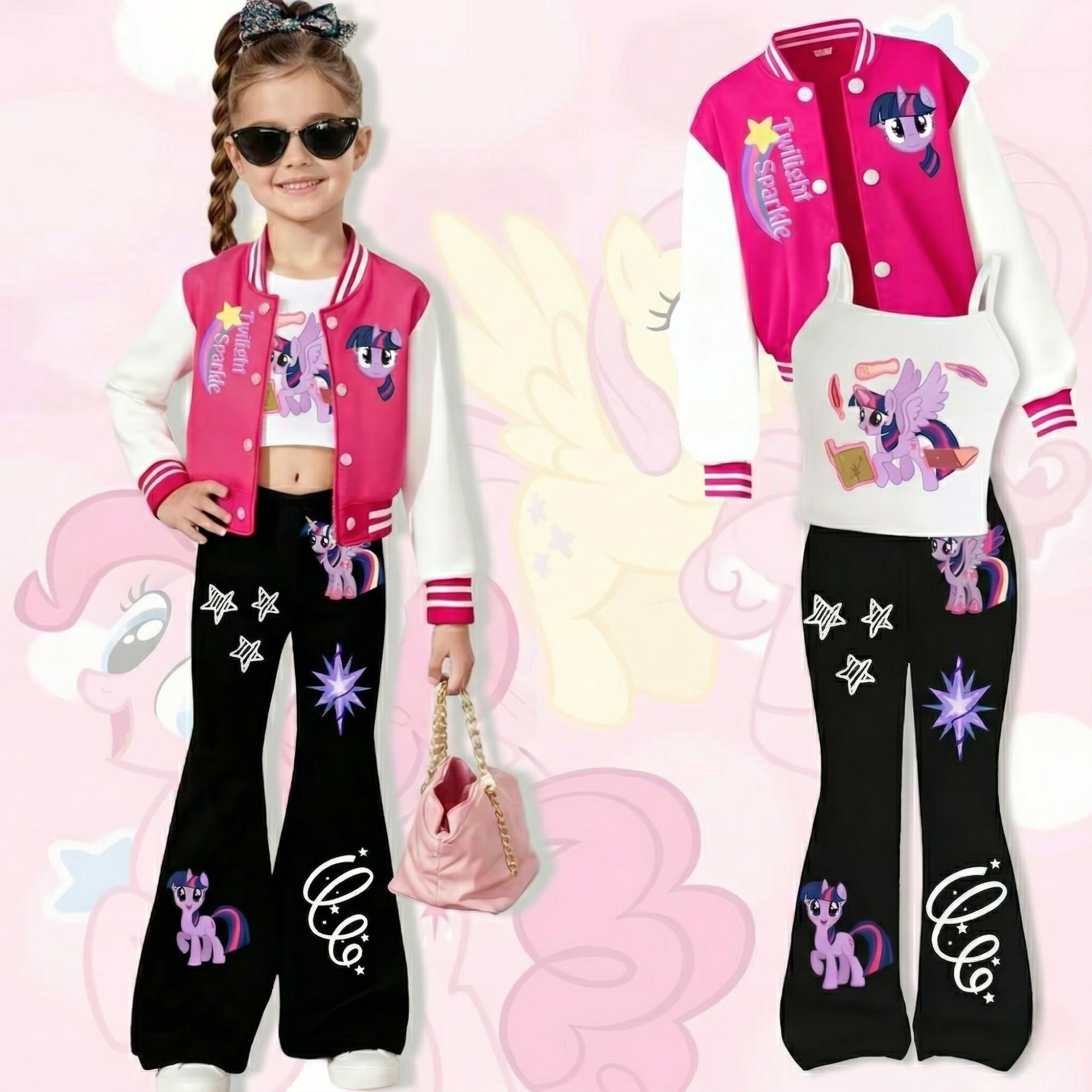 3 Piece Twilight Sparkle Character Printed Outfit Set For Girls 