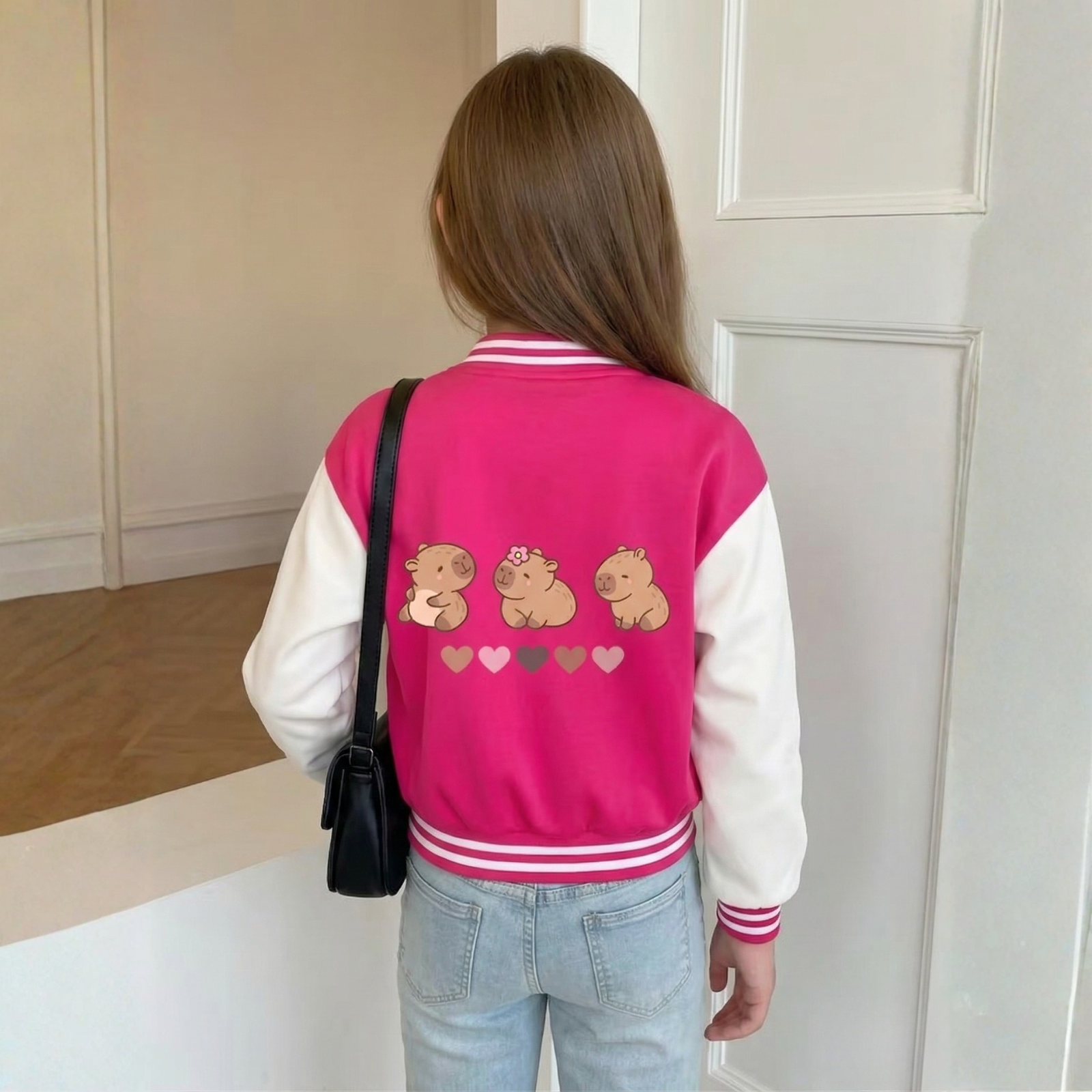 Capybara Character Printed Casual Jacket With Snap Closure For Girls