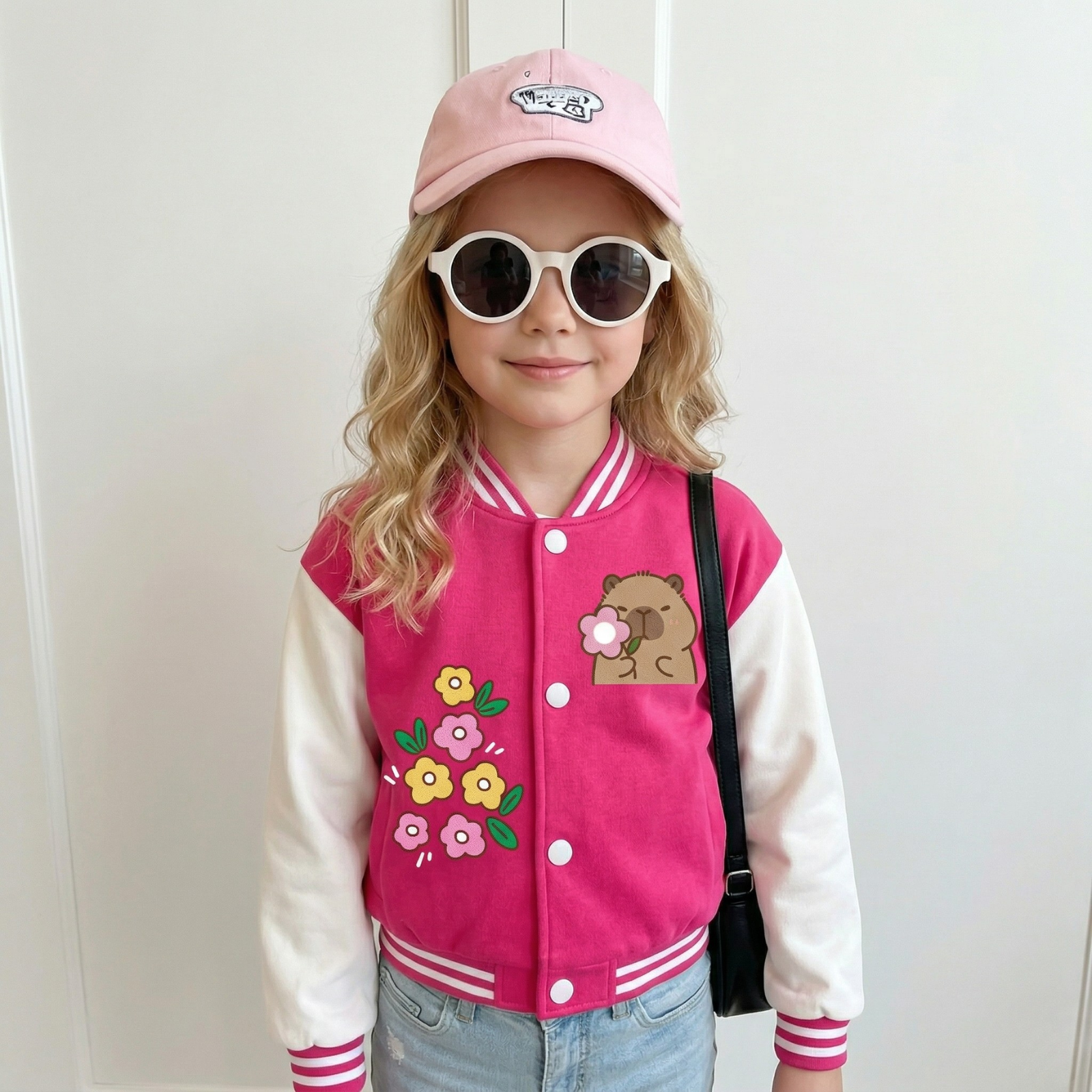 Capybara Family Graphic Casual Baseball Jacket For Girls