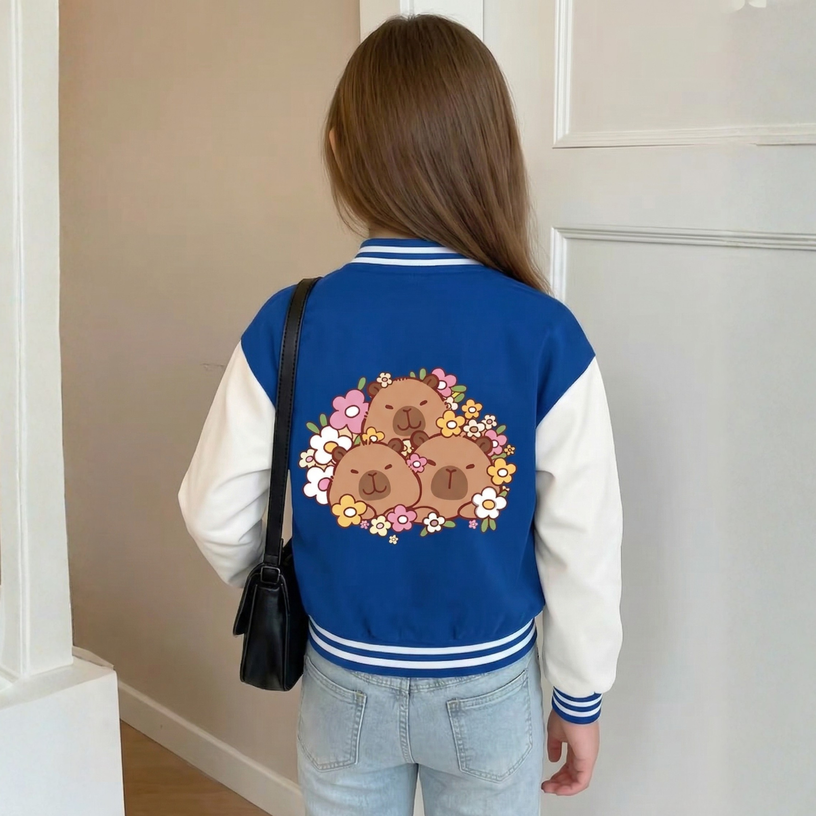 Capybara Family Graphic Casual Baseball Jacket For Girls