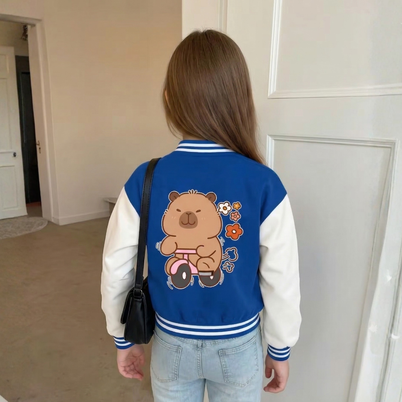 Capybara Cartoon Multi Print Baseball Jacket With Snap Closure For Girls