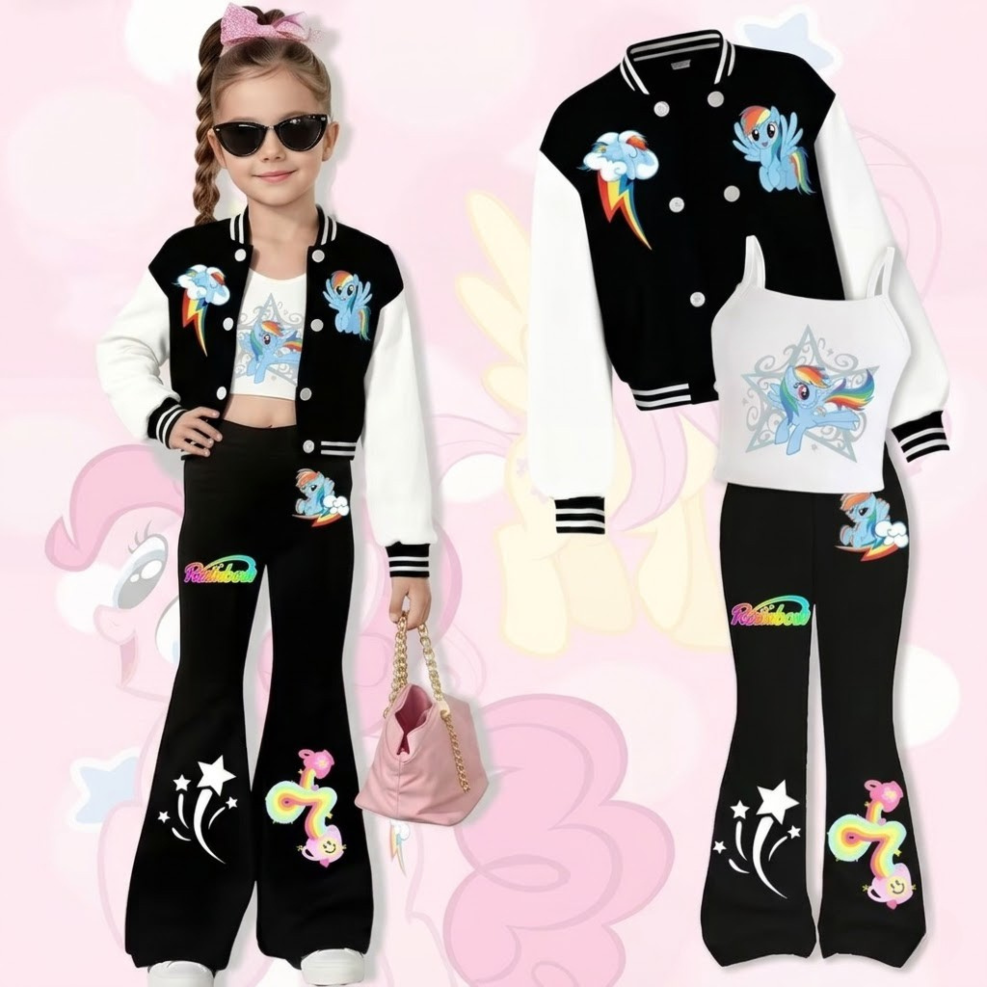 Little Pony Inspired 3 Piece With Top Jacket And Flared Pants Set