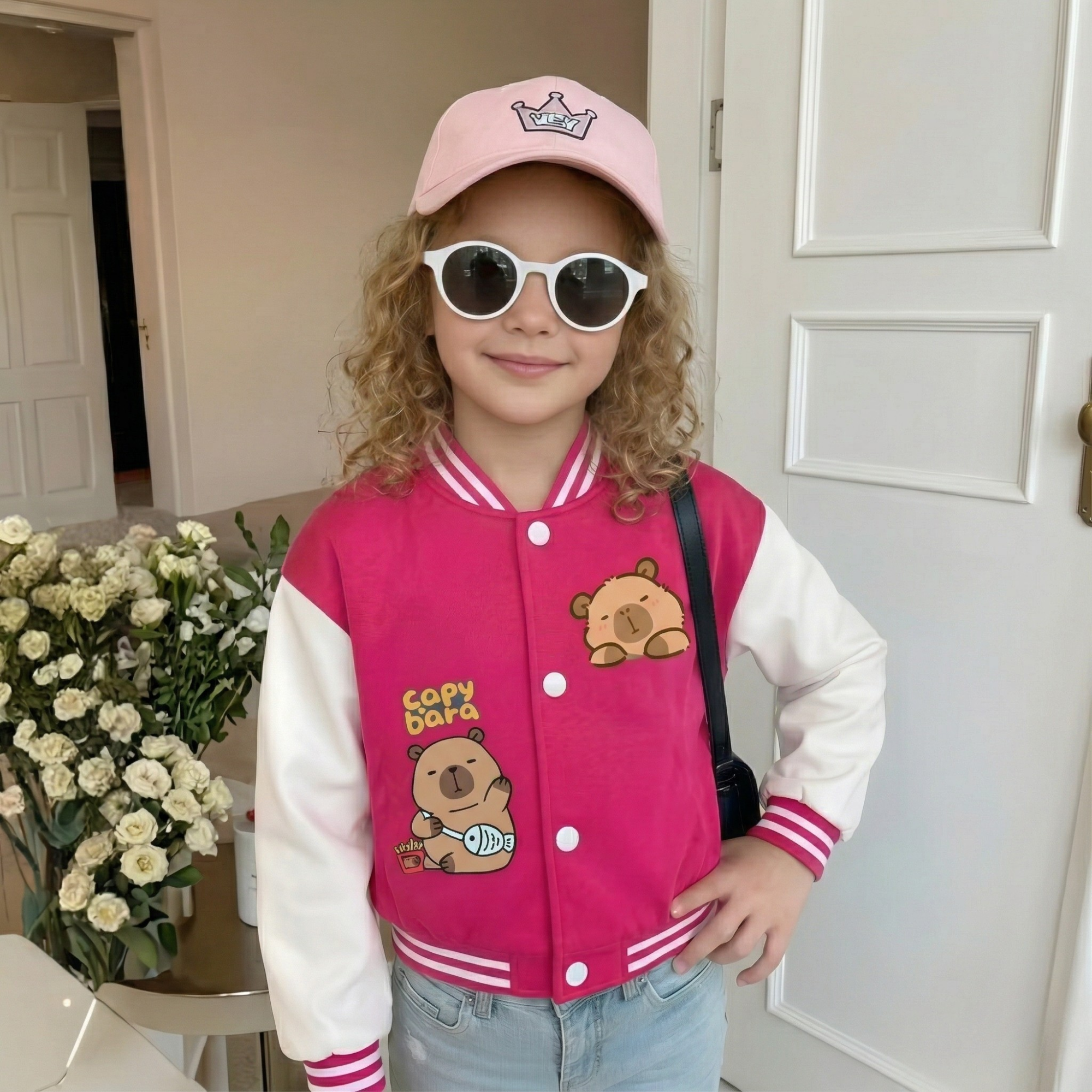 Capybara Graphic Print Baseball Jacket With Snap Closure For Girls