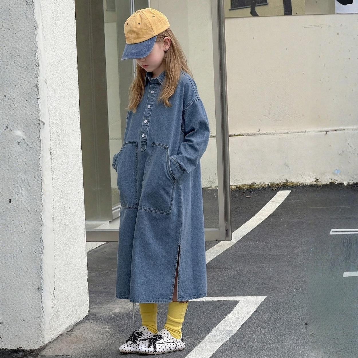 Oversized Denim Shirt Dress With Pocket And Button Front For Girls