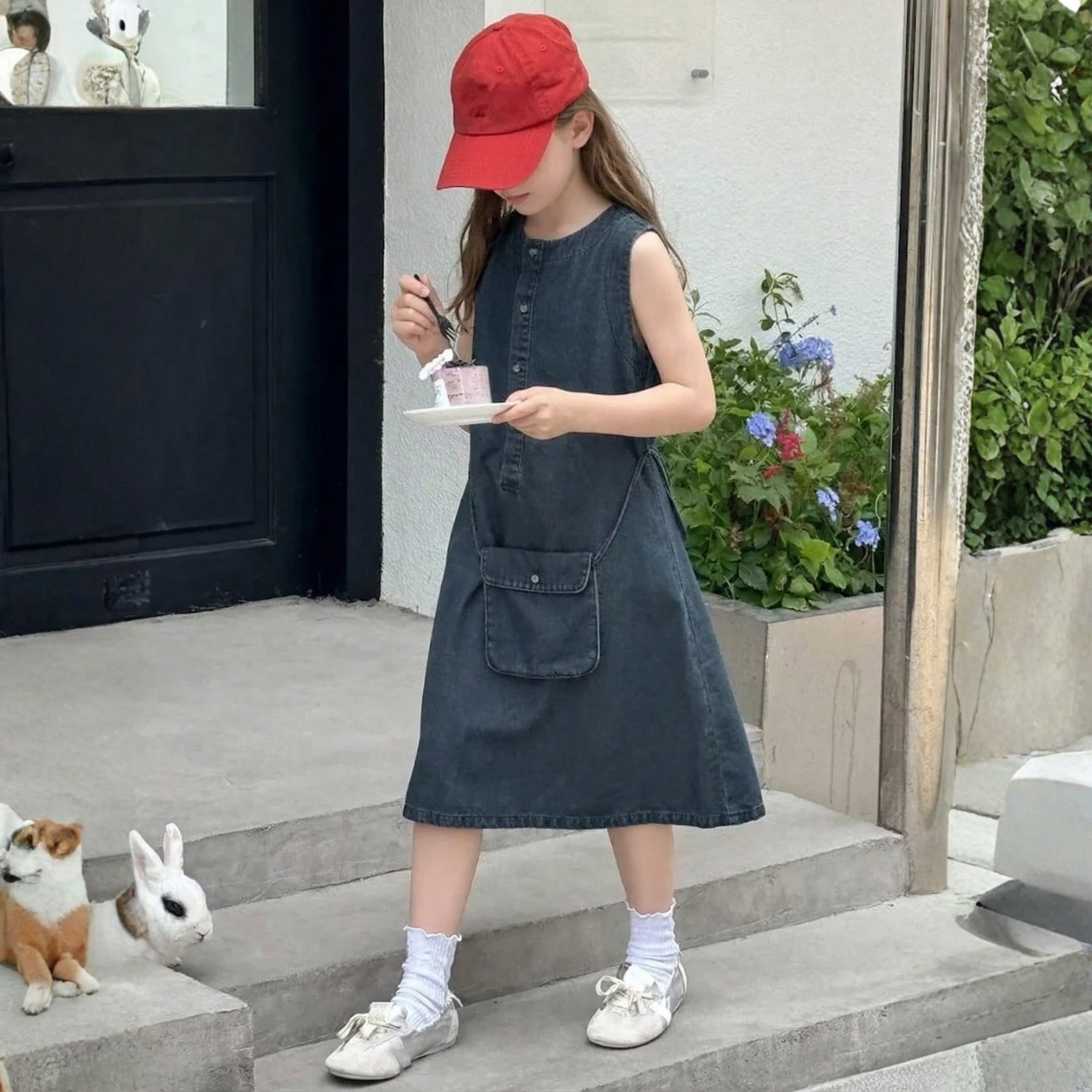 Tween Girl Crew Round Collar Sleeveless Denim Midi Dress