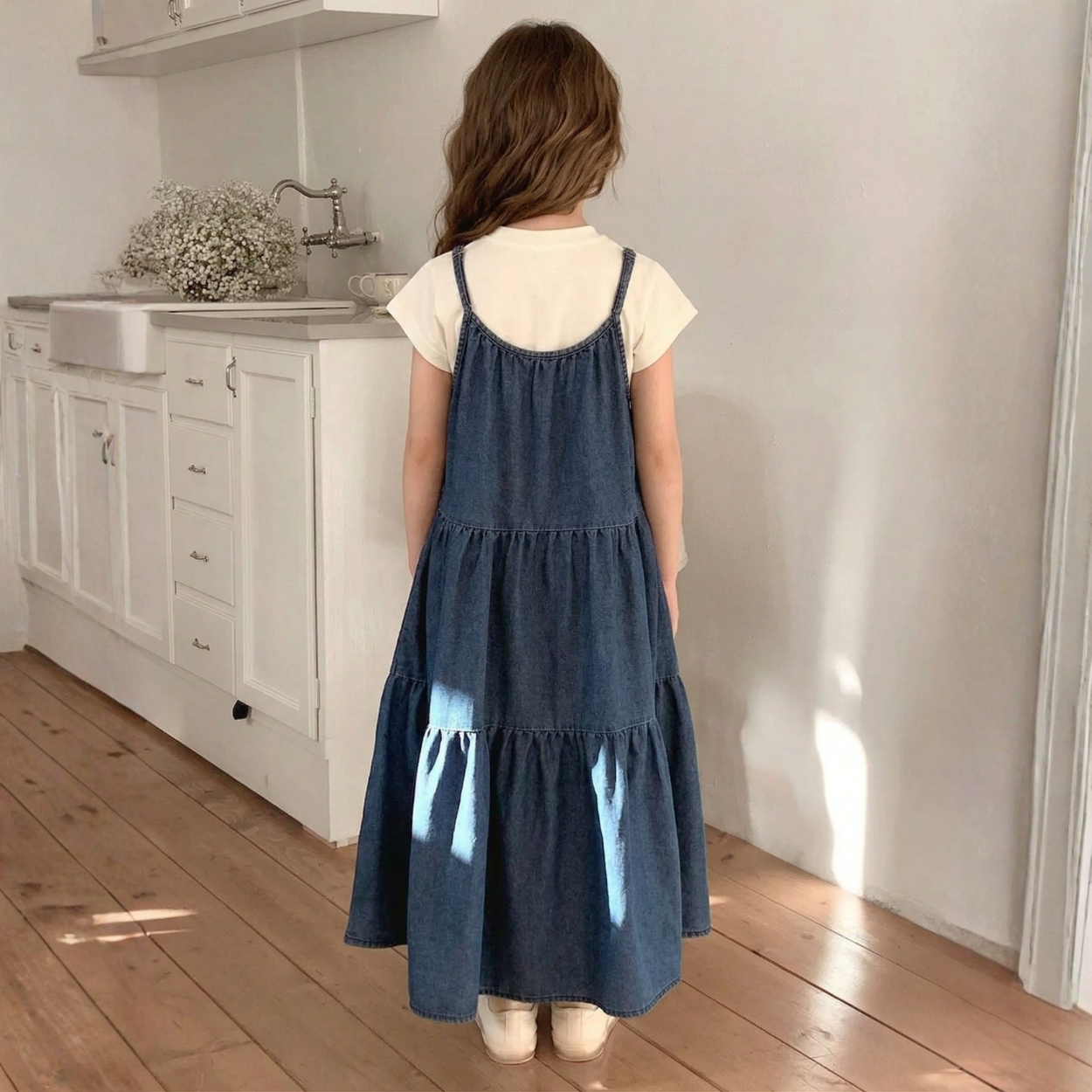Girls Tiered Denim Pinafore Midi Dress
