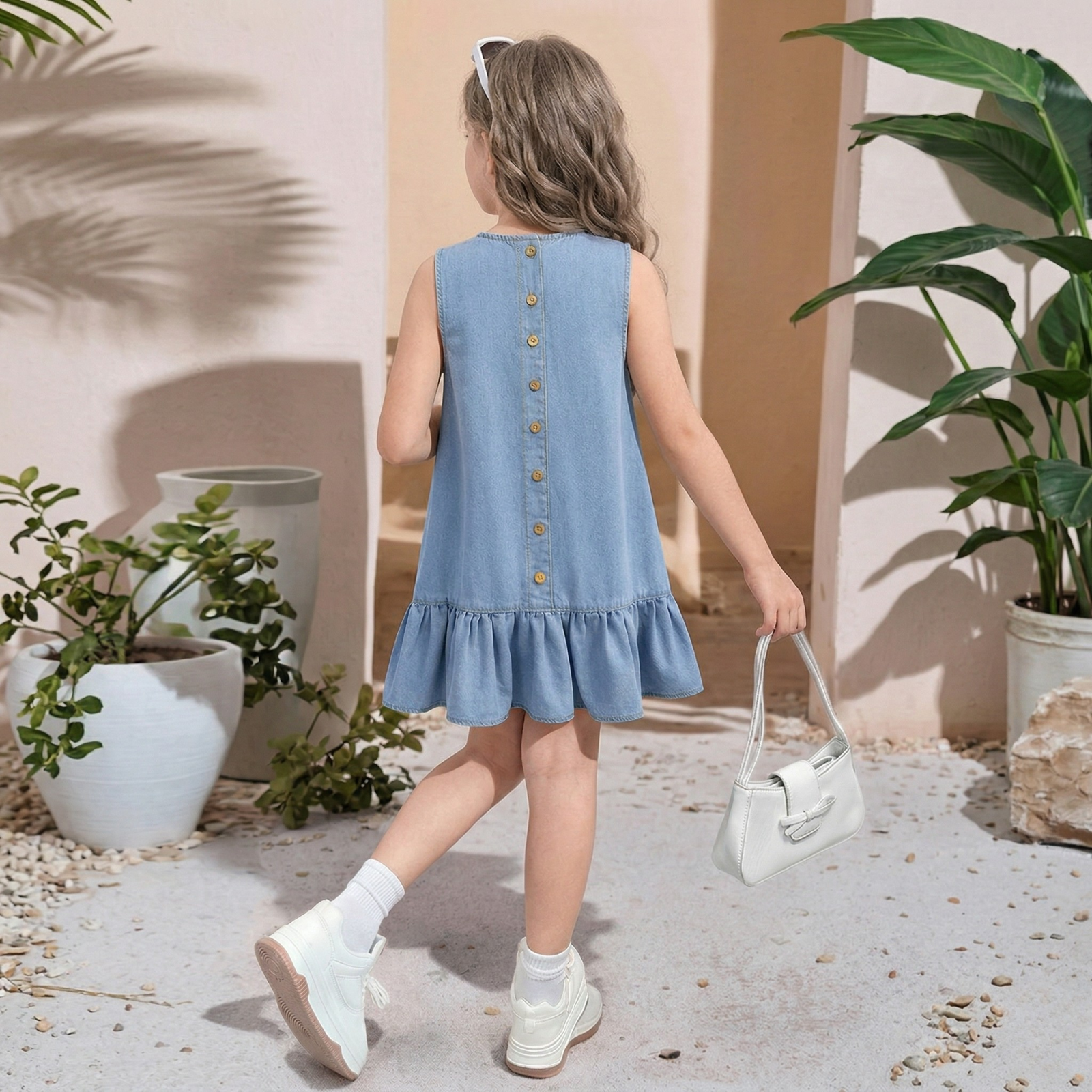 Sleeveless Denim Dress With Button Detail And Ruffle Hem Style For Girls