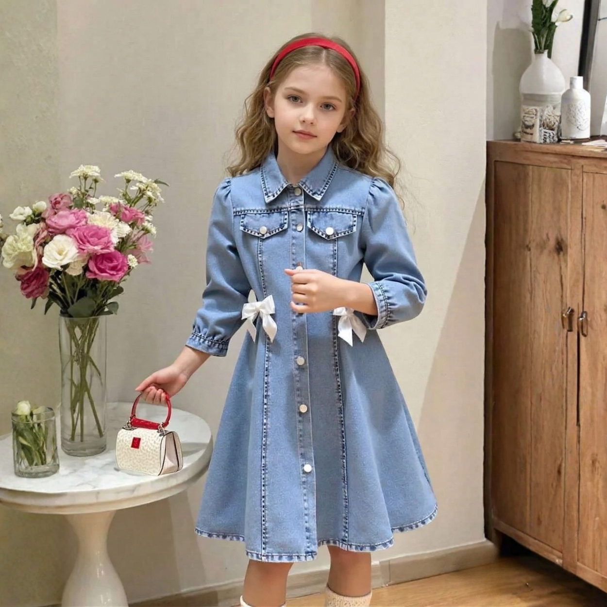 Tween Girls A Line Denim Shirt Dress With Puff Sleeves And Bow Details