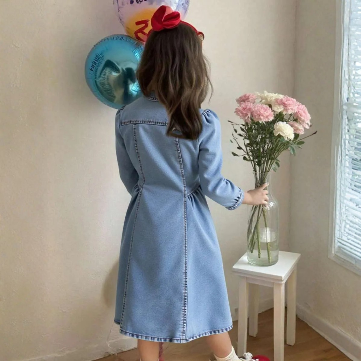 Tween Girls A Line Denim Shirt Dress With Puff Sleeves And Bow Details