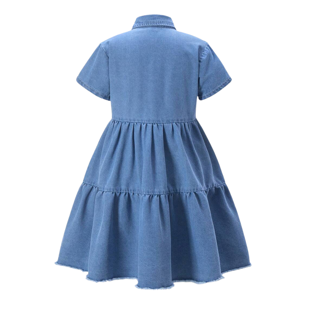 Casual Denim Dress With Short Sleeve And Button Detail For Girls
