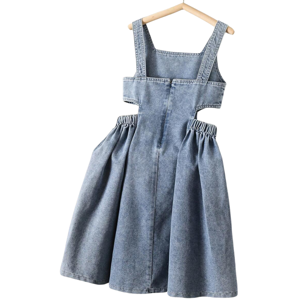 Denim Strap Princess Dress With Pocket And Flared Hem For Girls