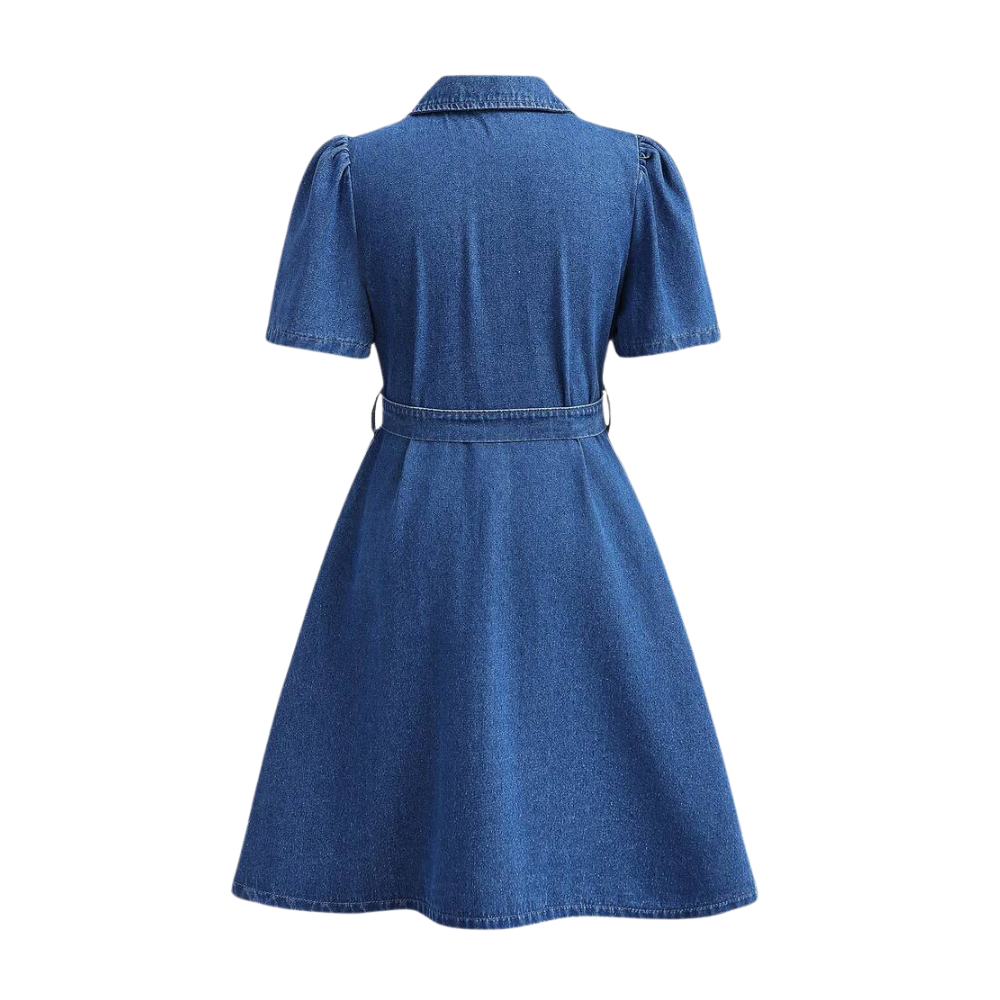 Denim Wrap Shirt Dress With Belt And Pleated Skirt For Girls