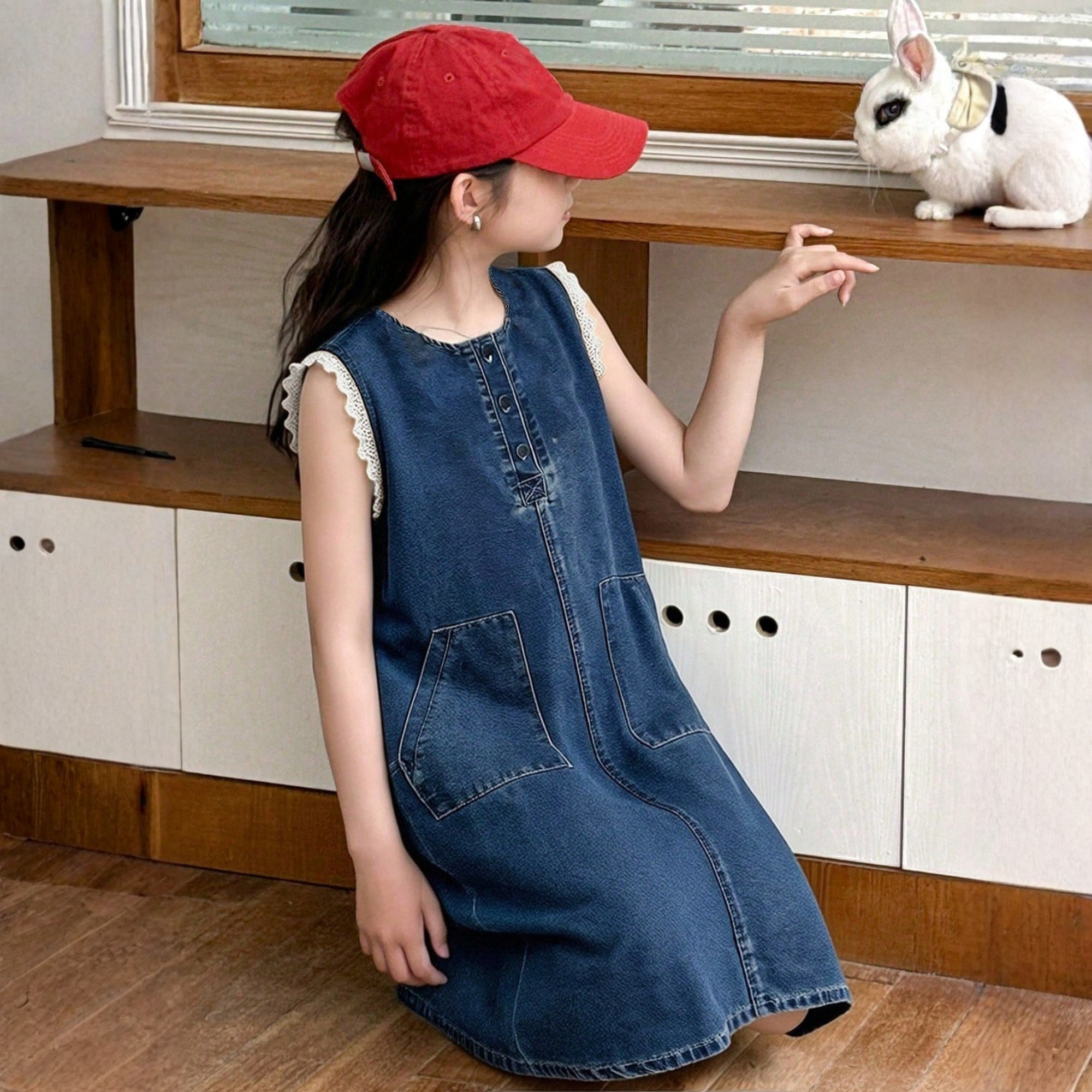 Tween Lace Patchwork Sleeveless Denim Midi Dress