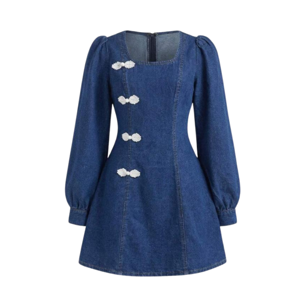 Vintage Style Denim Dress With Puff Sleeve And A Line Short Outfit For Girls