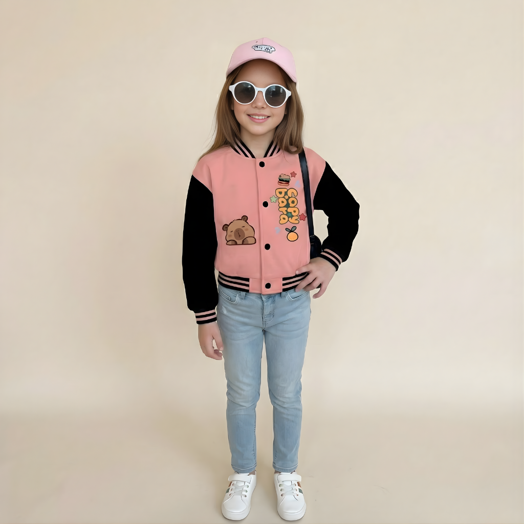 Bear Cartoon Printed Baseball Jacket With Snap Closure For Girls
