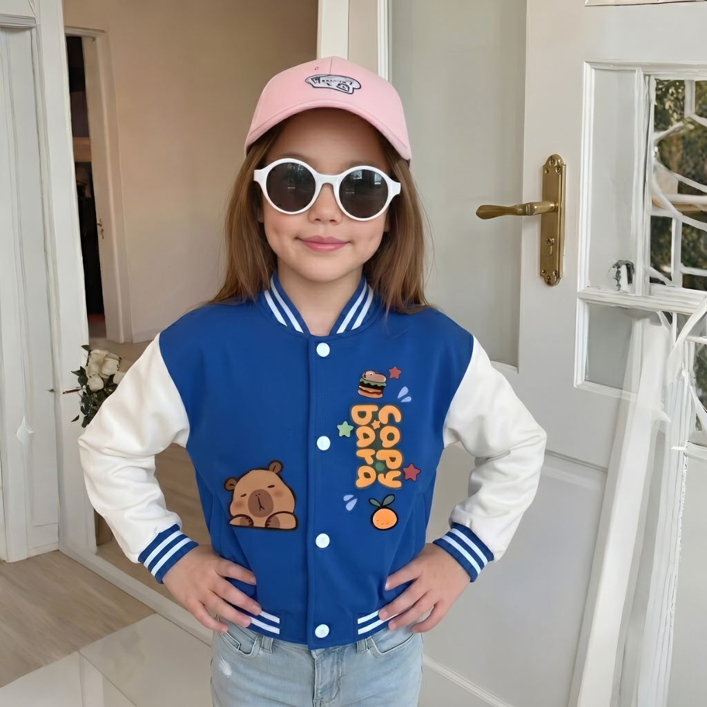Bear Cartoon Printed Baseball Jacket With Snap Closure For Girls