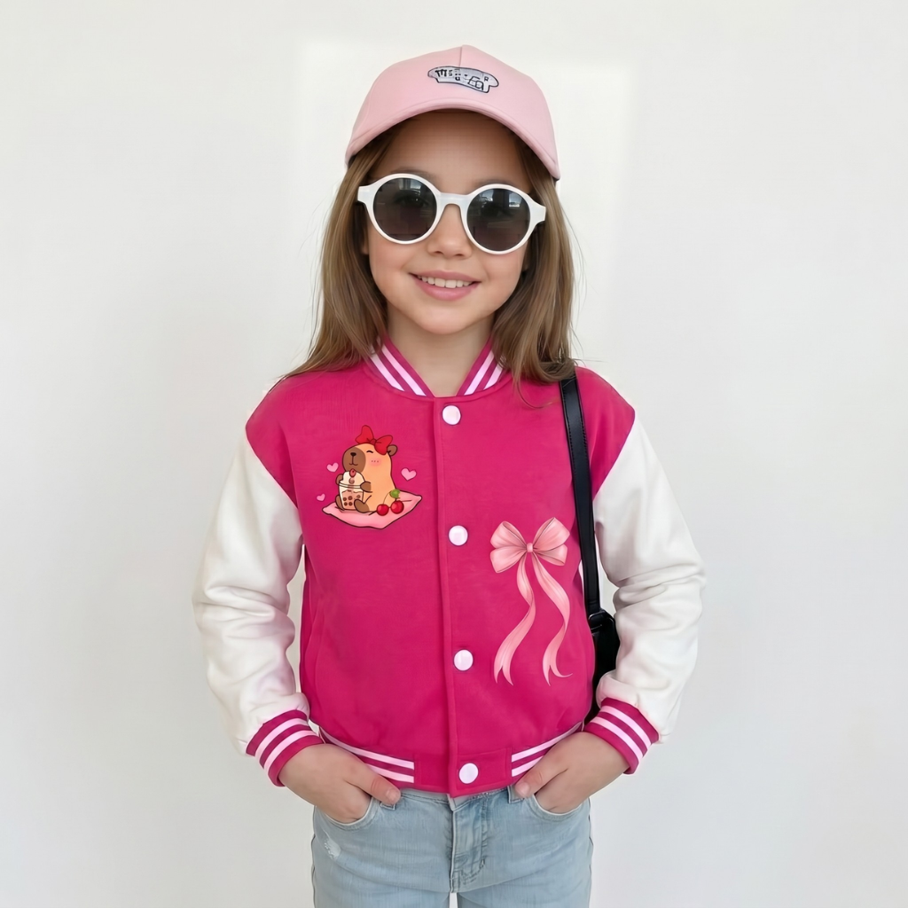 Kawaii Bear Drink Cartoon Printed Baseball Jacket For Girls